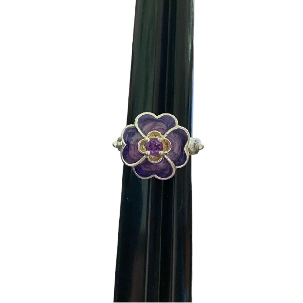 Sterling Silver Flower Floral Ring Size 7.5 Purple Stone